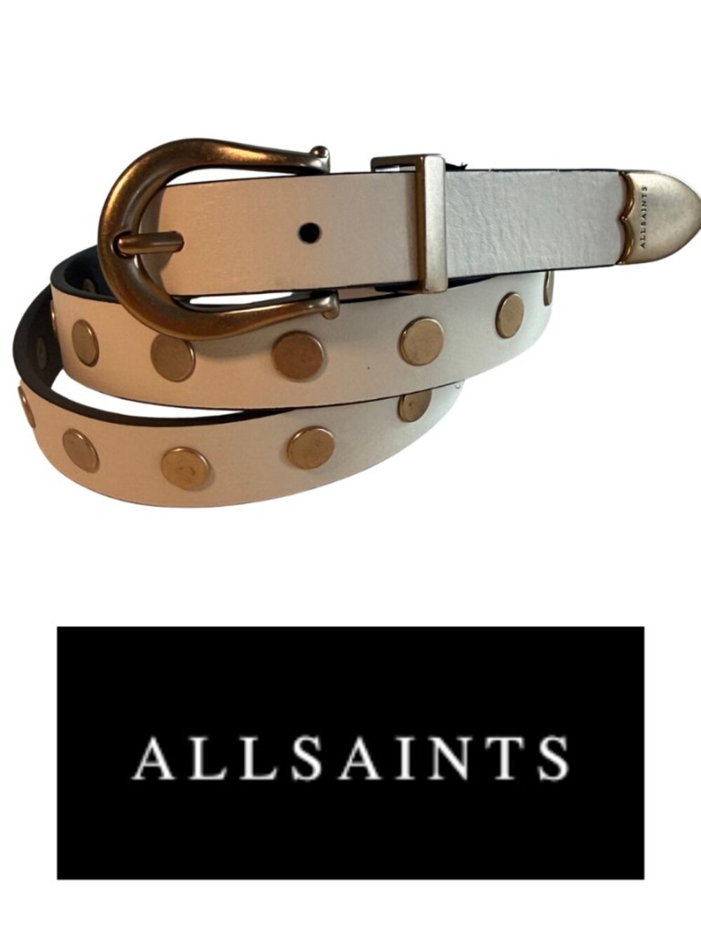 All Saints Ivory w/ Warm Brass - Michaela Studded Leather Belt - Wms Size Lag